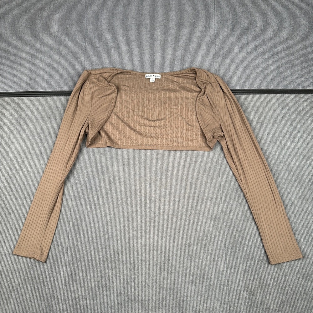 Rabbit Rose Ribbed Knit Bolero Shrug Long Sleeve Cropped Taupe Brown Medium Y2K